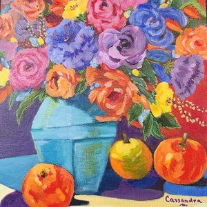 Original 8  x 10 Painting Collectible Artist Signed CASSANDRA~ Floral w/Fruit #2
